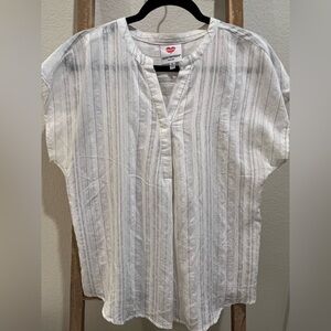 Hester and Orchard White and Blue Boxy Blouse with Mandarin Collar